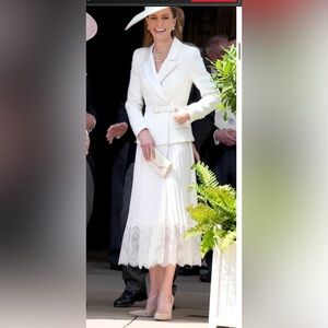 Kate Middleton White Self Portrait Lace and Tweed Blazer Dress